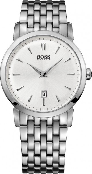 Boss Uhr 1512719 Elegante Herrenuhr der Marke Boss. Die Uhr hat ein poliertes Edelstahlgehäuse und ein teilmattiertes Edelstahlarmband mit Mineralglas. Das Ziffernblatt ist silber mit polierten silbernen Zeigern. Die Datumsanzeige befindet sich auf der 6