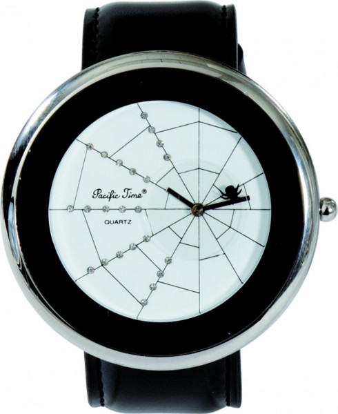 Quarzwerk Uhr mit Spinnenan zeiger, schwarzes Lederband Durchmesser Lünette ca. 50 mm, aus Metall