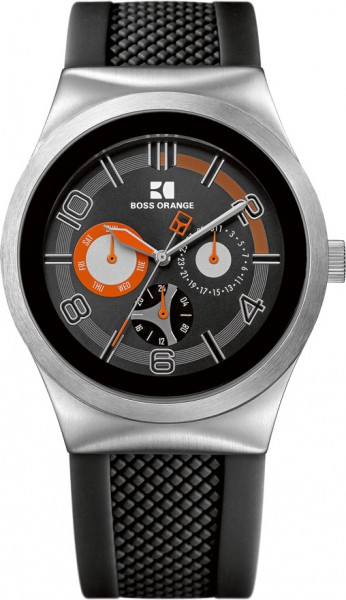 Die modische Armbanduhr von BOSS Orange überzeugt durch ein geschliffenes Edelstahl-Gehäuse, ein kreatives Zifferblatt mit Kontrast-Details und ein hochwertiges Silikonarmband. Wochentags-, Datums- und 24-Stundenanzeige komplettieren den Look der modernen