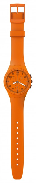Swatch SUSO400 Wild Orange Chrono Plastic Trendige Swatch Uhr mit einem Schweizer Quarzwerk, einem orangenem Kunststoffgehäuse, ein angenehm zu tragendes Silikonband in orange, Lünette mit Tachymeteranzeige, Chronographenfunktionen wie Stoppuhr, Datum,  K