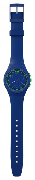 Swatch SUSN400 Blue C Chrono Plastic Trendige Swatch Uhr mit einem Schweizer Quarzwerk, einem blauen Kunststoffgehäuse mit grünen Knöpfen und Anzeigen, ein angenehm zu tragendes Silikonband in blau, Lünette mit Tachymeteranzeige, Chronographenfunktionen w