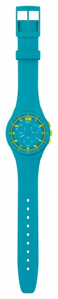 Swatch SUSL400 Acid Drop Chrono Plastic Trendige Swatch Uhr mit einem Schweizer Quarzwerk, einem türkisfarbenen Kunststoffgehäuse mit gelben Knöpfen und Anzeigen, ein angenehm zu tragendes Silikonband in türkis, Lünette mit Tachymeteranzeige, Chronographe