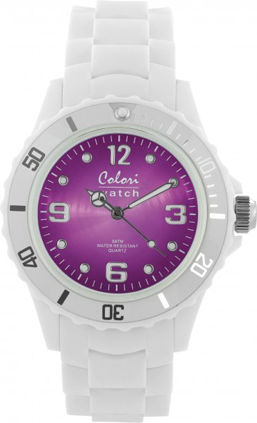 Bunte Uhren von Colori, eine absolut trendige Quarzwerk Uhr mit lilafarbenen Ziffernblatt. Die Uhr hat ein Kratzunempfindliches Mineralglas, desweiteren besitzt die Uhr ein Kunststoffgehäuse und ein butterweiches und angenehmes Silikonband. Die Lünette is