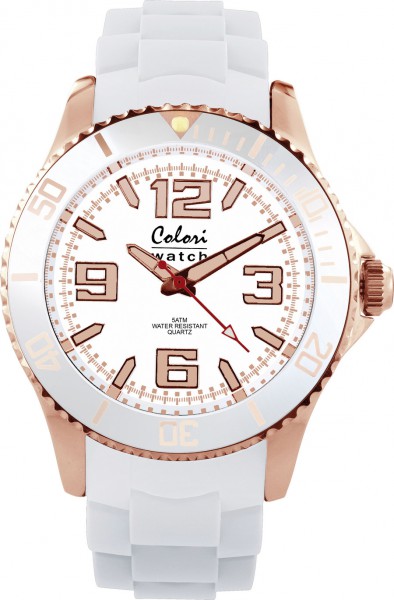 Aus der neuen Amazing Rosé Collection von Colori Watch kommt diese stylische  Quarzwerkuhr, mit massivem Edelstalgehäuse ( Ø ca. 44mm) in weiß mit IP rosé vergoldung und kratzunempfindlichem Mineralglas, desweiteren besitzt die Uhr ein butterweiches und