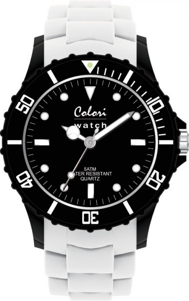 Aus der neuen Super Sports Collection von Colori Watch kommt diese sportliche  Quarzwerkuhr, mit tollem Kuststoffgehäuse ( Ø ca.48mm) in schwarz und kratzunempfindlichem Mineralglas, desweiteren besitzt die Uhr ein butterweiches und angenehmes Silikonba