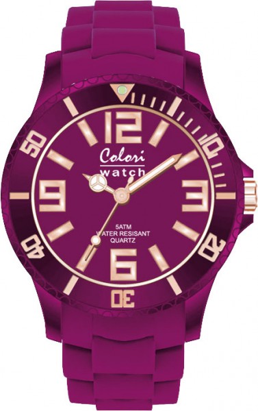 Bunte Uhren von Colori, eine absolut trendige Quarzwerk Uhr mit auberginefarbenen Ziffernblatt. Die Uhr hat ein Kratzunempfindliches Mineralglas, desweiteren besitzt die Uhr ein kunststoffgehäuse und ein butterweiches und angenehmes auberginefarbenes Sili