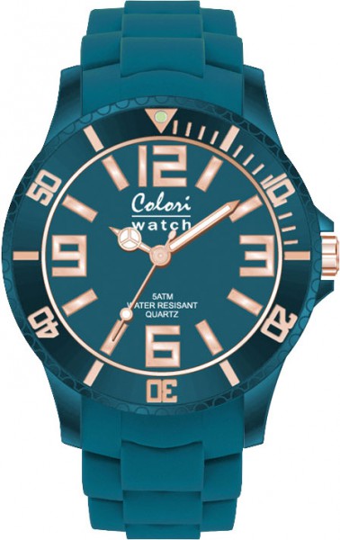 Bunte Uhren von Colori, eine absolut trendige Quarzwerk Uhr mit ozeanblaues Ziffernblatt. Die Uhr hat ein kratzunempfindliches Mineralglas, desweiteren besitzt die Uhr ein Kunststoffgehäuse und ein butterweiches und angenehmes ozeanblaues Silikonband . Di
