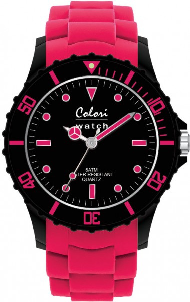 Aus der neuen Super Sports Collection von Colori Watch kommt diese sportliche  Quarzwerkuhr, mit tollem Kuststoffgehäuse ( Ø ca. 40mm) in schwarz und kratzunempfindlichem Mineralglas, desweiteren besitzt die Uhr ein butterweiches und angenehmes Silikonb