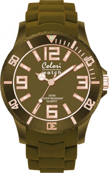 Bunte Uhren von Colori, eine absolut trendige Quarzwerk Uhr mit grün-braunem Ziffernblatt. Die Uhr hat ein Kratzunempfindliches Mineralglas, desweiteren besitzt die Uhr ein kunststoffgehäuse und ein butterweiches und angenehmes Capuccino braunes Silikonba