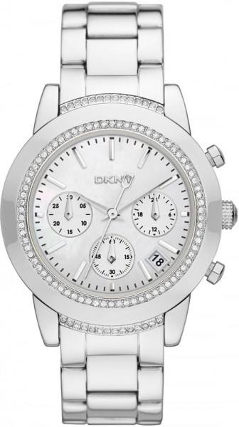 DKNY  Damenuhr Tribeca Chrono Modell Nr. NY8587  Eleganter Damenchronograph der Marke DKNY. Die Uhr überzeugt durch glamouröses, klassisches Design und ist daher der perfekte Begleiter für Tagsüber und Abends. Die Uhr besteht aus hochwertigem, silbernem E