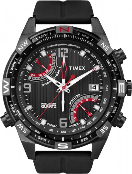 Timex  Herrenuhr Intelligent Quarz IQ Modell: T49865 Fly-Back Chrono Compass  Diese markante Herrenuhr ist mit vielen Details und Funktionen ausgestattet. Die roten Markierungen im schwarzen Zifferblatt, der rote Sekundenzeiger geben der Uhr ihren besonde