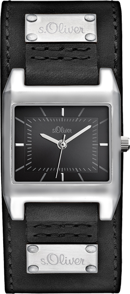 Lässige, eckige Markenuhr S.Oliver SO-2465-LQ schwarzes breites Lederband  Unisex - Uhren