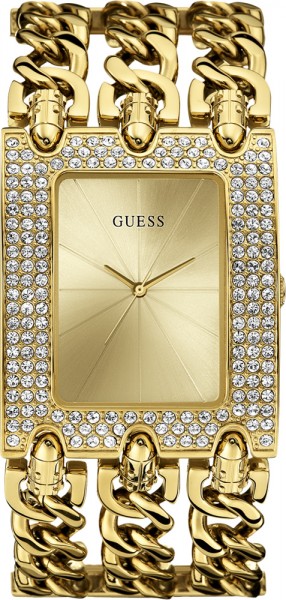 Guess Damen Uhr W0085L1 starkes dreireihiges golden poliertes Multistrangband Kristalle Messinggehäuse Quarzwerk 1 ATM