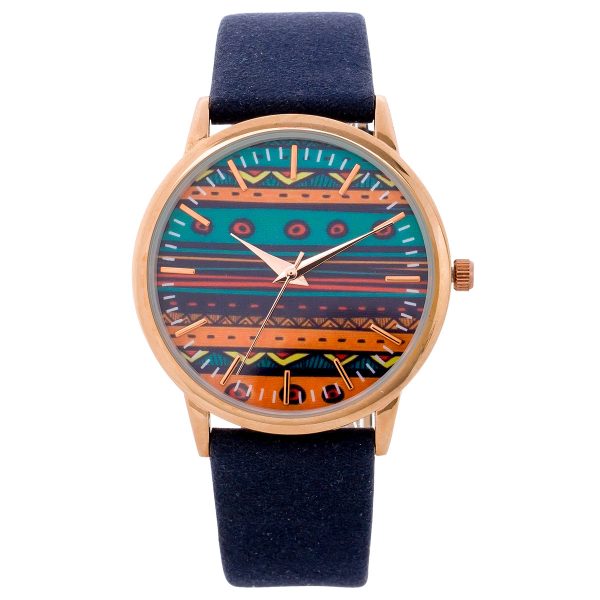 Uhr Crystal Blue dunkelblau Kunstleder Textil Hippie Style Ø 39m