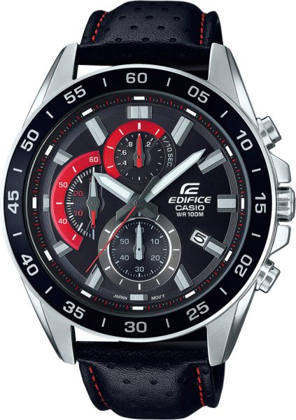 CASIO Uhr EFV-550L-1AVUEF Edifice Classic Herrenchronograph Lederarmband schwarz rote Indizes