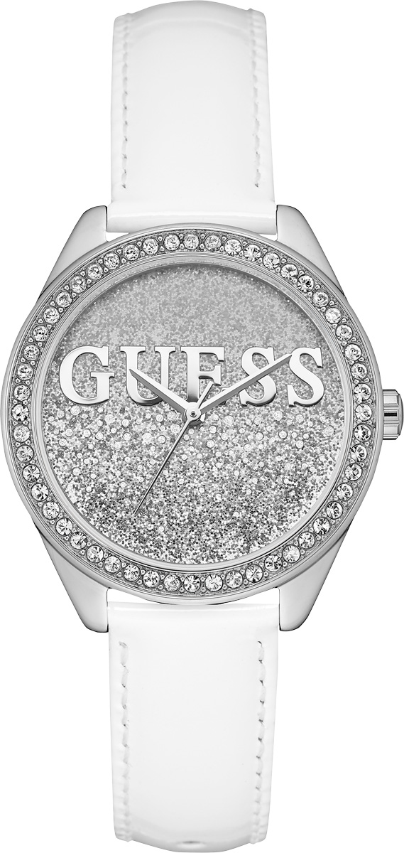 Guess Damenuhr W03l1 Ladies Trend 3 Zeiger Uhr Weisses Lederband Glitzer Uhren