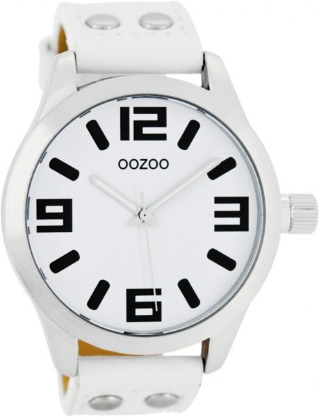 OOZOO Uhren C1050 Unisex weißes Lederband Nieten Silber Gehäuse matt 46mm