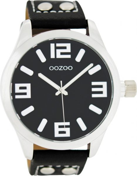 OOZOO Uhren C1054 schwarzes Nieten Lederarmband Silber Gehäuse Unisex 46mm