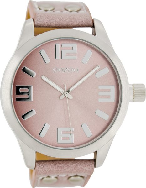 OOZOO Uhren C1058 pinkgraues Nieten Lederarmband Silber Gehäuse mattiert Damenuhr 46mm