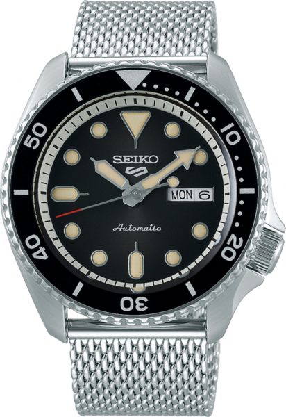 SEIKO Uhr 5 Sports SRPD73K1 Automatik Mechanisch Edelstahl Milanaise Armband schwarzes Zifferblatt 43mm Durchmesser