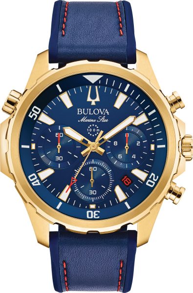 Bulova SALE Herrenuhr 97B168 Marine Star Chronograph Edelstahl IP gold blaues Lederband