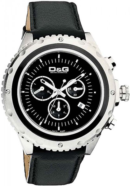 D&G DW0367 Dolce & Gabbana Herrenuhr chronograph, Edelstahlge- häuse, schwarzes Lederarm- band, Datum, Stoppfunktion, Dornschließe mit Logogravur Mineralglas, 10 ATM