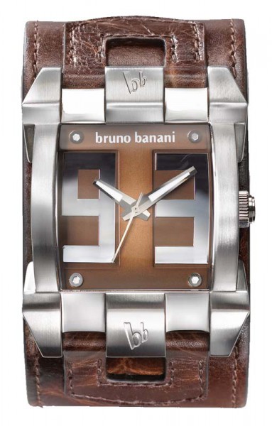 Bruno Banani Quarzwerk, Edelstahlgehäuse, braunes Lederband, Mineralglas, 5 ATM, Ø 41x55x15mm