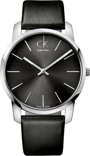 Calvin Klein K2G21107 ck city, Quarzwerk, swiss made, Edelstahlgehäuse, schwarzes Lederband, 3 ATM, 43mm Durchmesser