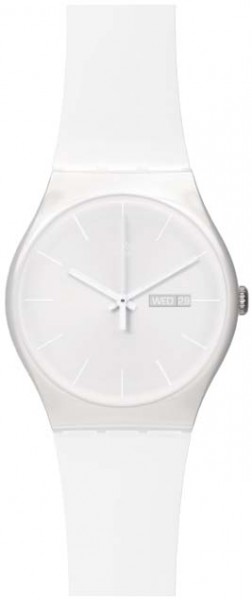Swatch White Rebel SUOW701, Quarzwerk, Kunststoffgehäuse, Silikonband, Tag/Datum, Kunststoffglas, 3 ATM, Ø 41×7,2mm