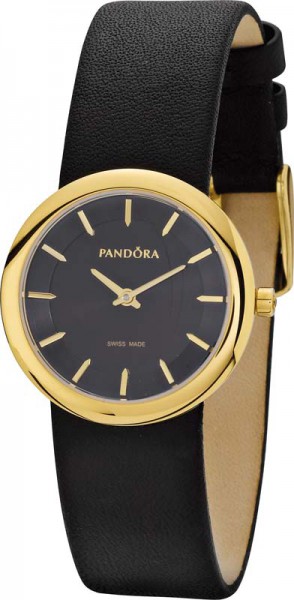 PANDORA Uhr 812015BK Pure, Quarzwerk Ronda, Swiss Made, Edelstahlgehäuse, Saphirglas, Lederarmband, IP Gold, 5 ATM, Ø 31×4 mm