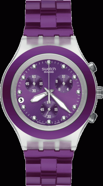 Swatch Full Blooded Blueberry, Uhr mit Quarzwerk,mit  Kunststoffgehäuse verziert mit einem lila Aluminiumband, Chronograph, Datumsanzeige,mit echtem Mineralglas, 3 ATM, Ø 45mm, 13mm Stärke       SWISS MADE
