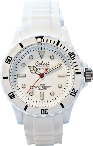 Bunte Uhren von Colori, eine absolut trendige Quarzwerk Uhr mit weißem Ziffernblatt. Die Uhr hat ein Kratzunempfindliches Mineralglas, desweiteren besitzt die Uhr ein kunststoffgehäuse und ein butterweiches und angenehmes Silikonband. Die Lünette ist eben