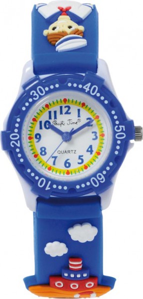 Kinderuhr, eine zauberhaft süsse Quarzwerk Uhr mit Silikonband in blau verziert mit Schiff und Matrose. Die Uhr hat eine drehbare Lünette. Durchmesser 30mm und 6mm Tiefe. Water Resistant Spritzwasser. Ch. Abramowicz, Ihrem Vertrauensjuwelier seit 1949 für