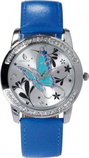 Uhr, absolut trendige Quarzwerk Uhr mit hellem Ziffernblatt verziert mit einem wunderschönem Schmetterling in Türkis und Blau. Die Uhr weist ein Kratzunempfindliches Mineralglas auf. Sie ist mit einem Metallgehäuse und einem Lederband in Blau ausgestattet