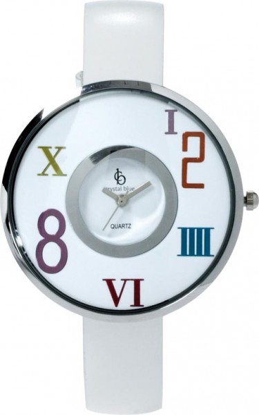 Uhr, eine absolut trendige Quarzwerk Uhr mit weißem Ziffernblatt und bunten Zahlen sowie einem Kratzunempfindlichem Mineralglas, desweiterenbesitzt die Uhr ein Metallgehäuse und ein Lederband in Weiß. Durchmesser 40 mm, Höhe 7 mm, Water Resistant Spritzwa