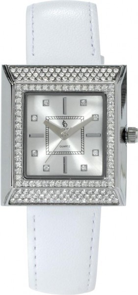 Uhr, eine absolut edle Quarzwerk Uhr mit weißem Ziffernblatt. Die Uhr hat ein Kratzunempfindlichem Mineralglas, desweiteren besitzt die Uhr ein Metallgehäuse und ein Lederband in weiß. Die Lünette ist mit wunderschönen strahlenden Zirkonia verziert, durch