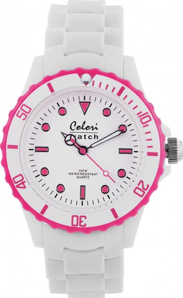 Bunte Uhren von Colori, eine absolut trendige Quarzwerk Uhr mit weißem Ziffernblatt. Die Uhr hat ein Kratzunempfindliches Mineralglas, desweiteren besitzt die Uhr ein kunststoffgehäuse und ein butterweiches und angenehmes Silikonband. Die Lünette ist teil