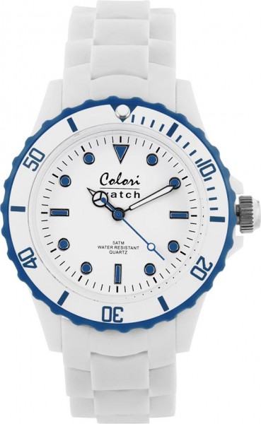 Bunte Uhren von Colori, eine absolut trendige Quarzwerk Uhr mit weißem Ziffernblatt. Die Uhr hat ein Kratzunempfindliches Mineralglas, desweiteren besitzt die Uhr ein kunststoffgehäuse und ein butterweiches und angenehmes Silikonband. Die Lünette ist teil