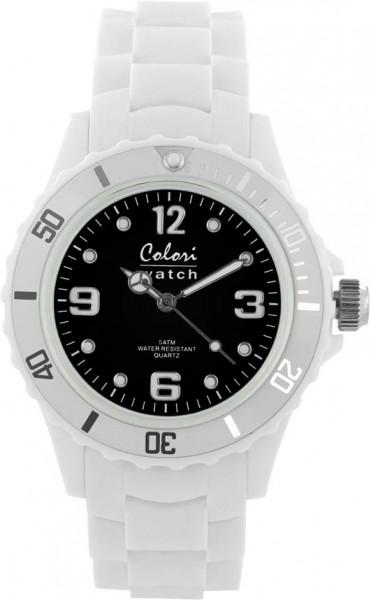 Bunte Uhren von Colori, eine absolut trendige Quarzwerk Uhr mit schwarzem Ziffernblatt. Die Uhr hat ein Kratzunempfindliches Mineralglas, desweiteren besitzt die Uhr ein kunststoffgehäuse und ein butterweiches und angenehmes Silikonband. Die Lünette ist i