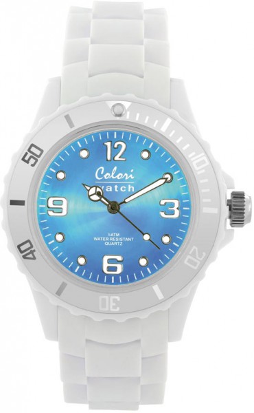 Bunte Uhren von Colori, eine absolut trendige Quarzwerk Uhr mit Himmelblauem Ziffernblatt. Die Uhr hat ein Kratzunempfindliches Mineralglas, desweiteren besitzt die Uhr ein kunststoffgehäuse und ein butterweiches und angenehmes Silikonband. Die Lünette is