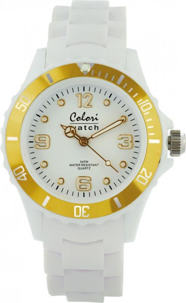 Bunte Uhren von Colori, eine absolut trendige Quarzwerk Uhr mit weißem Ziffernblatt. Die Uhr hat ein Kratzunempfindliches Mineralglas, desweiteren besitzt die Uhr ein kunststoffgehäuse und ein butterweiches und angenehmes Silikonband. Die Lünette ist in d