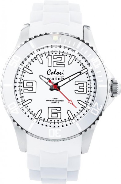 Bunte Uhren von Colori, eine absolut trendige Quarzwerk Uhr mit weißem Ziffernblatt. Die Uhr hat ein Kratzunempfindliches Mineralglas, desweiteren besitzt die Uhr ein Edelstahlgehäuse und ein butterweiches und angenehmes Silikonband. Die Lünette ist in de