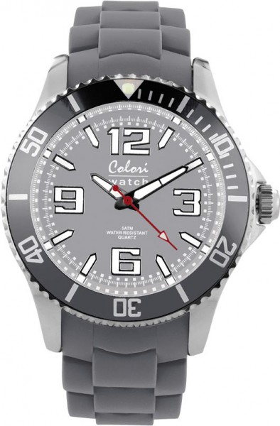 Bunte Uhren von Colori, eine absolut trendige Quarzwerk Uhr mit grauem Ziffernblatt. Die Uhr hat ein Kratzunempfindliches Mineralglas, desweiteren besitzt die Uhr ein Edelstahlgehäuse und ein butterweiches und angenehmes Silikonband. Die Lünette ist in de