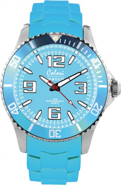 Bunte Uhren von Colori, eine absolut trendige Quarzwerk Uhr mit hellblauem Ziffernblatt. Die Uhr hat ein Kratzunempfindliches Mineralglas, desweiteren besitzt die Uhr ein Edelstahlgehäuse und ein butterweiches und angenehmes Silikonband. Die Lünette ist i