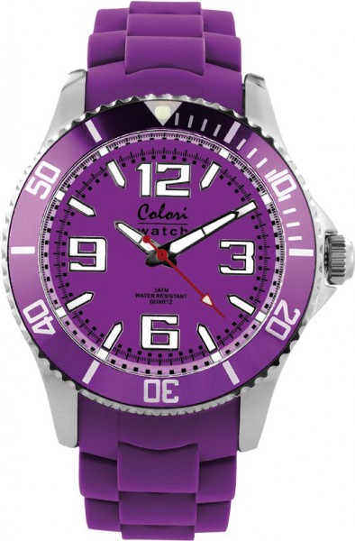 Bunte Uhren von Colori, eine absolut trendige Quarzwerk Uhr mit lila Ziffernblatt. Die Uhr hat ein Kratzunempfindliches Mineralglas, desweiteren besitzt die Uhr ein massives Edelstahlgehäuse und ein butterweiches und angenehmes Silikonband. Die Lünette is