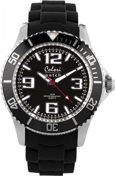 Bunte Uhren von Colori, eine absolut trendige Quarzwerk Uhr mit schwarzem Ziffernblatt und leuchtende Zeiger. Die Uhr hat ein Kratzunempfindliches Mineralglas, desweiteren besitzt die Uhr ein massives Edelstahlgehäuse und ein butterweiches und angenehmes