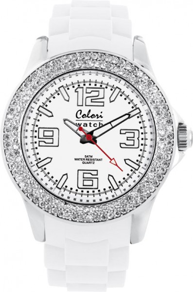 Bunte Uhren von Colori, eine absolut trendige Quarzwerk Uhr mit weißem Ziffernblatt und leuchtende Zeiger. Die Uhr hat ein Kratzunempfindliches Mineralglas, desweiteren besitzt die Uhr ein massives Edelstahlgehäuse und ein butterweiches und angenehmes Sil