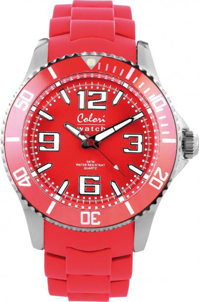 Bunte Uhren von Colori, eine total stylische Quarzwerk Uhr mit rotem Ziffernblatt und im Dunkeln leuchtende Zeiger. Die Uhr zeichnet sich durch das Kratzunempfindliche Mineralglas aus, desweiteren besitzt die Uhr ein massives Edelstahlgehäuse und ein butt
