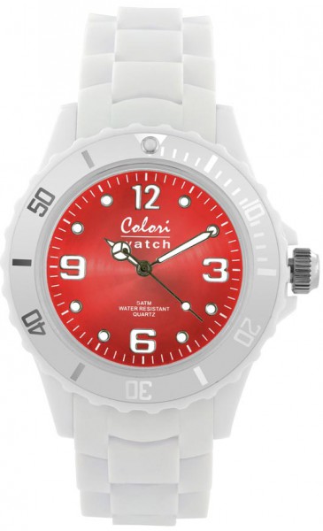 Bunte Uhren von Colori, eine total stylische Quarzwerk Uhr mit rotem Ziffernblatt und im Dunkeln leuchtende Zeiger. Die Uhr zeichnet sich durch das Kratzunempfindliche Mineralglas aus, desweiteren besitzt die Uhr ein massives Edelstahlgehäuse und ein butt