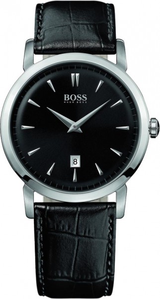 Boss Uhr 1512637 Edelstahlgehäuse, Lederband schwarz, mit Kratzunempfindlichem Mineralglas, Datum, Water Resitant Spritzwasser, 40mm Durchmesser
